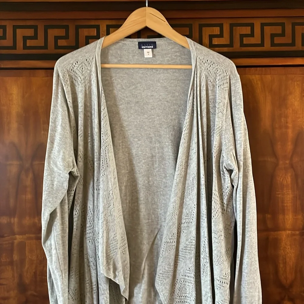 Basic Editions Womens Gray Cardigan XL Cotton Open Front Drapey Crochet Detail - Picture 5 of 9